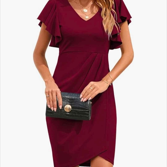 Dresses & Skirts - Elegant Burgundy Plus Size Flutter Sleeve Dress